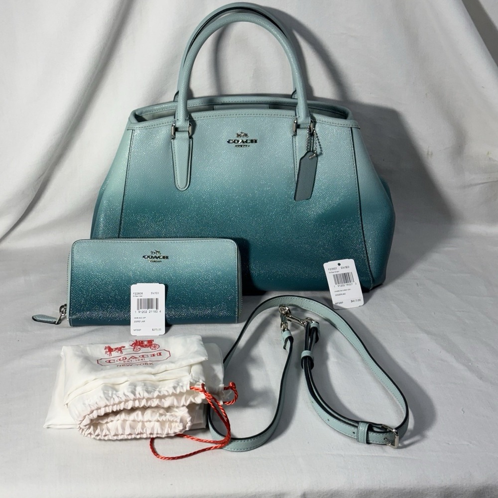Coach Ombre Surrey Leather Satchel + Matching Accordion Wallet Blue Green Teal
